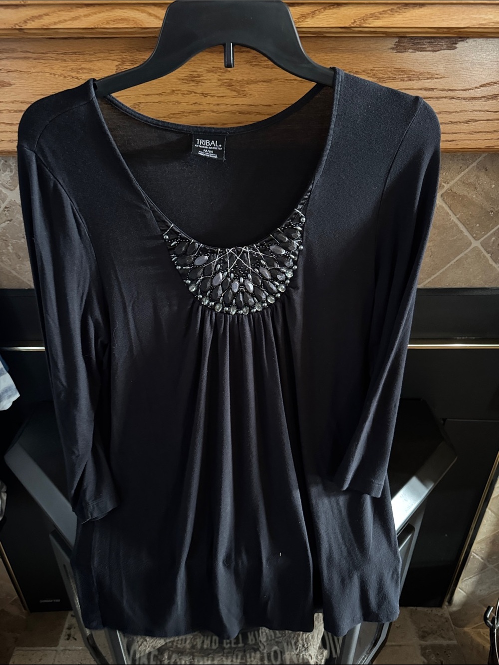 Tribal Women’s Black 3/4 Sleeve Beaded-Bejeweled Scoop Neckline Top Medium